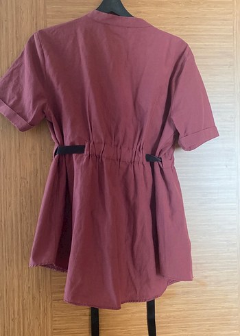 Bordo Kemerli Keten Midi Gömlek - Görsel 4