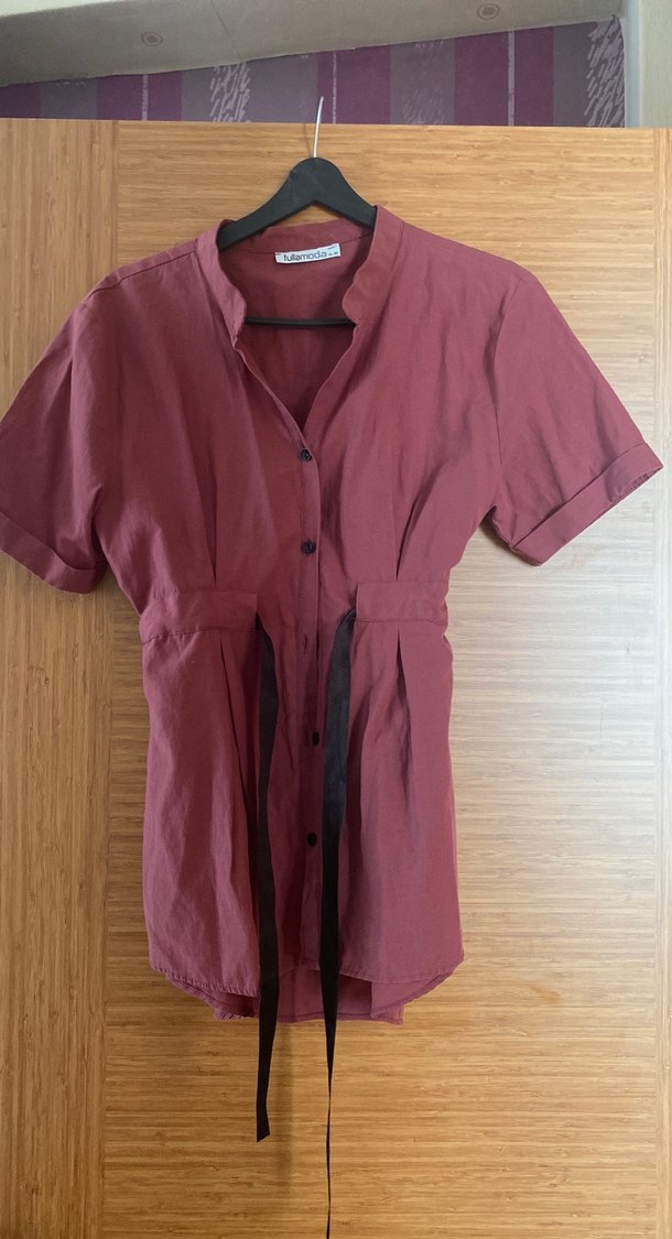 Bordo Kemerli Keten Midi Gömlek - Görsel 2