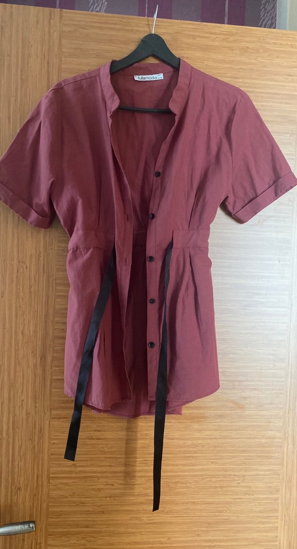 Bordo Kemerli Keten Midi Gömlek - Görsel 3