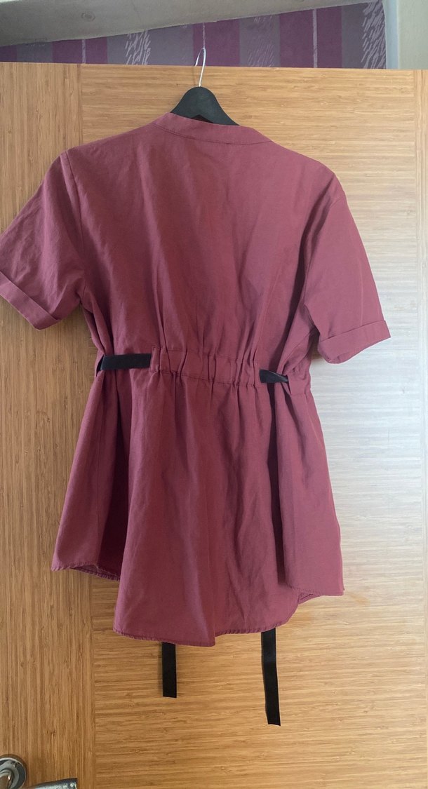 Bordo Kemerli Keten Midi Gömlek - Görsel 4