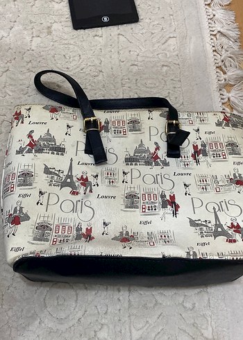 Beyaz Paris Baskılı Deri Kadın Çanta - Görsel 3