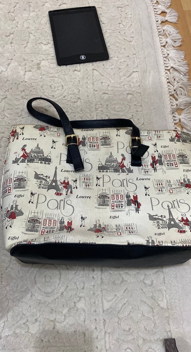 Beyaz Paris Baskılı Deri Kadın Çanta - Görsel 3