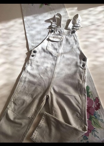 Bej Renkli Askılı Bol Kesim Denim Tulum