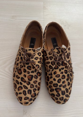 36 Beden Kahverengi Leopar Desenli Kadın Süet Oxford