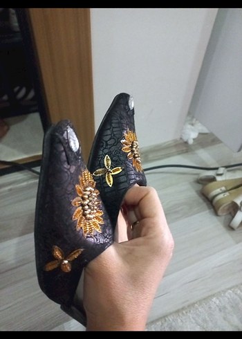 Boncuk İşlemeli Siyah Vintage Stiletto Terlik - Görsel 5