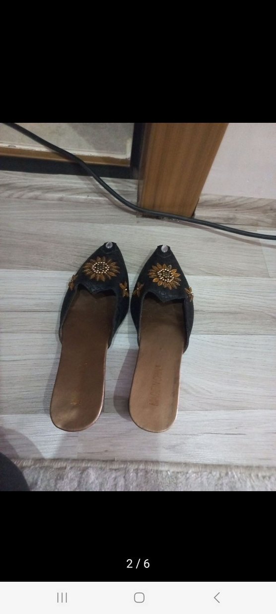 Boncuk İşlemeli Siyah Vintage Stiletto Terlik - Görsel 2