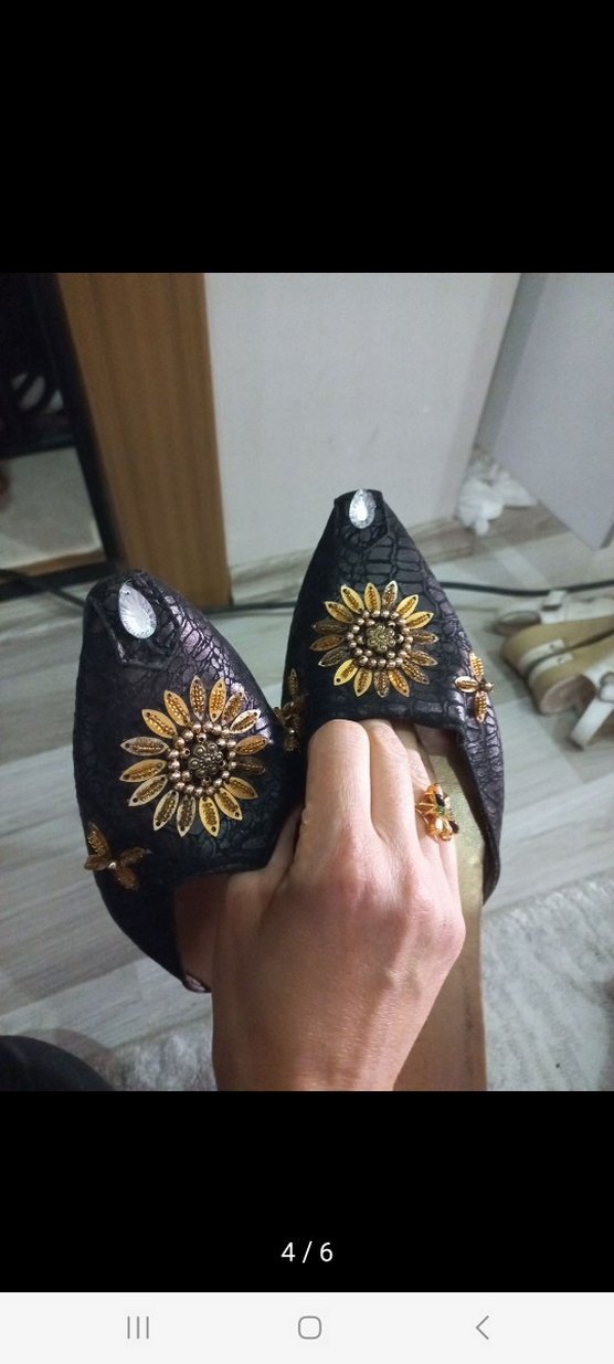 Boncuk İşlemeli Siyah Vintage Stiletto Terlik - Görsel 4