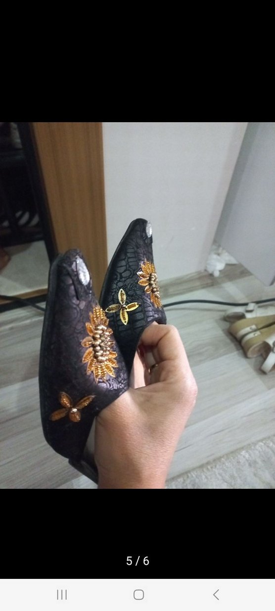 Boncuk İşlemeli Siyah Vintage Stiletto Terlik - Görsel 5