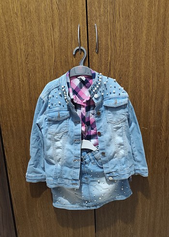 İnci Detaylı Mavi Kız Denim Ceket Takım - Görsel 2