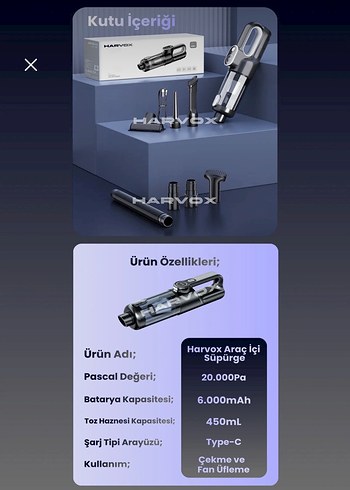 HARVOX Araç İçi Süpürge 20.000Pa Güç - Görsel 7