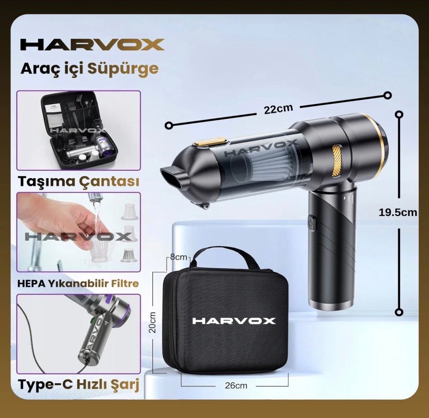 HARVOX Araç İçi Süpürge 6000mAh Batarya - Görsel 2