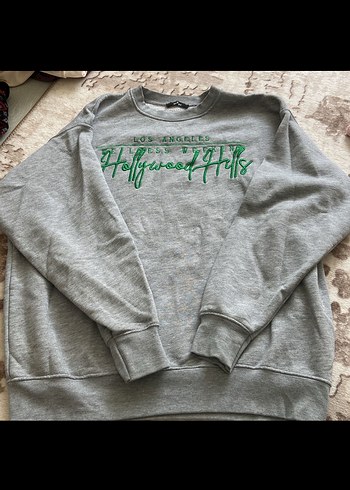 Gri Uzun Kollu Baskılı Kadın Sweatshirt