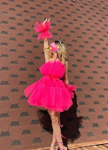 s Beden pembe Renk Pembe tütü bride kına parti abiye tül mini elbise