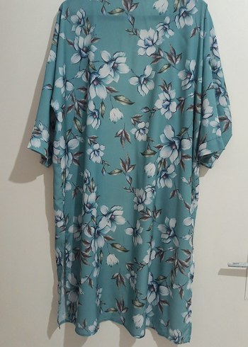 Turkuaz Çiçekli Uzun Bohem Kadın Kimono - Görsel 3