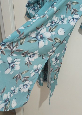 Turkuaz Çiçekli Uzun Bohem Kadın Kimono - Görsel 2