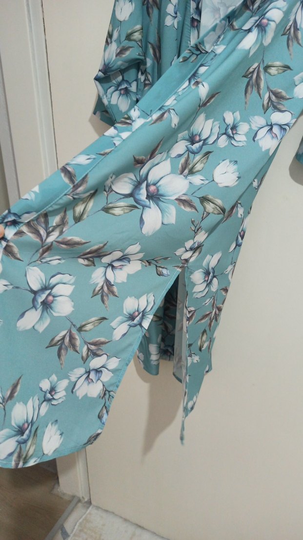 Turkuaz Çiçekli Uzun Bohem Kadın Kimono - Görsel 2