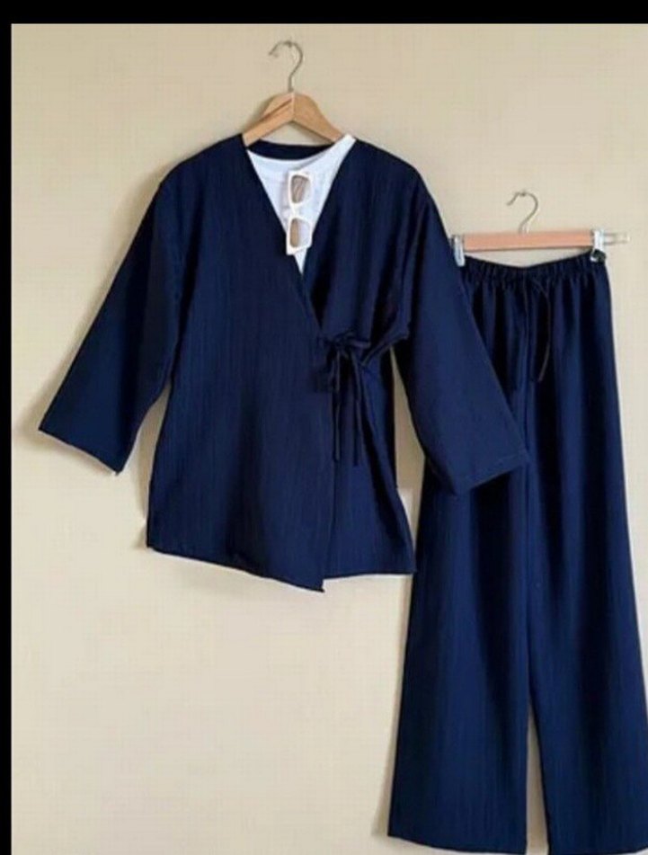 Diger lacivert Uzun Keten Kadın Kimono - Görsel 3