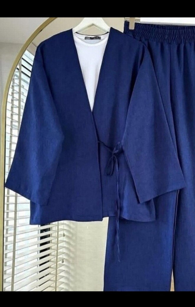 Diger lacivert Uzun Keten Kadın Kimono - Görsel 2