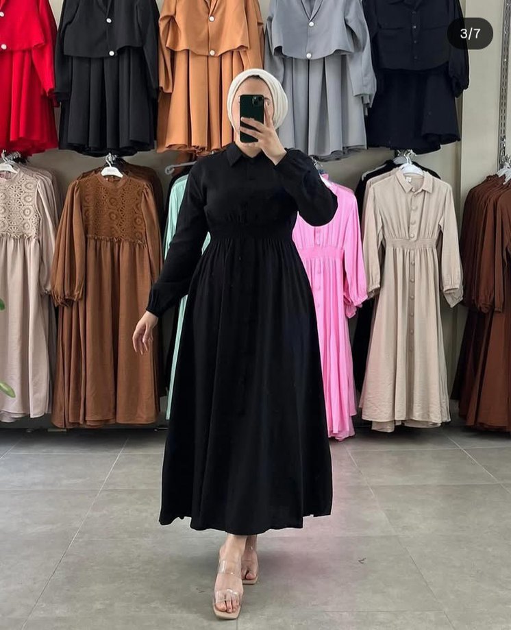 Drapeli Uzun siyah Kadın Elbise - Görsel 2