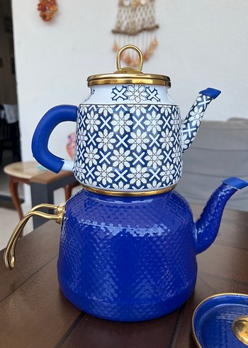 Beden Koyu Mavi Desenli Çaydanlık Seti