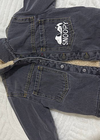 Gri SNOOPY Baskılı Kürklü Erkek Çocuk Kot Ceket - Görsel 3