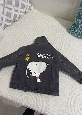 Gri SNOOPY Baskılı Kürklü Erkek Çocuk Kot Ceket - Görsel 5