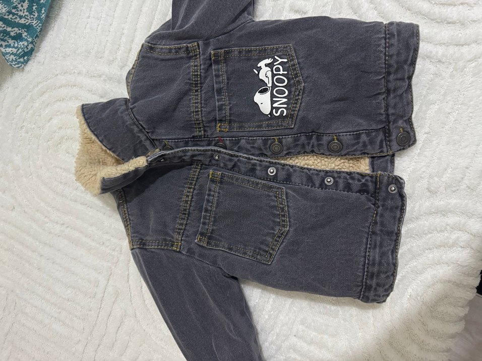 Gri SNOOPY Baskılı Kürklü Erkek Çocuk Kot Ceket - Görsel 3