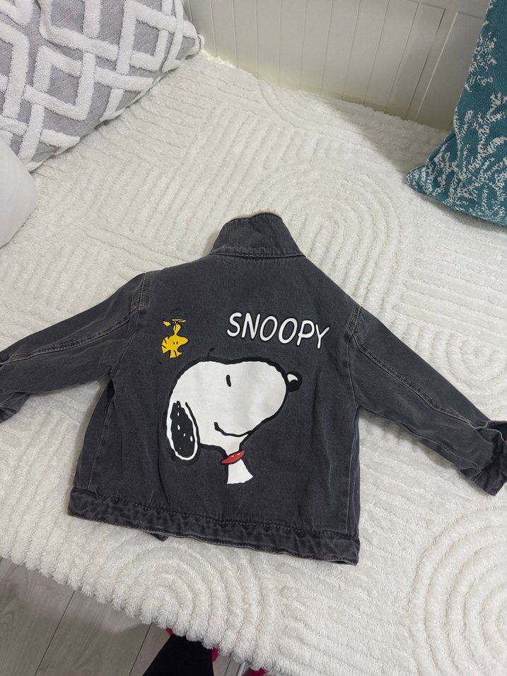Gri SNOOPY Baskılı Kürklü Erkek Çocuk Kot Ceket - Görsel 5