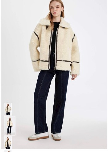 Bej Kürklü Rahat Kesim Kadın Ceket - Görsel 5