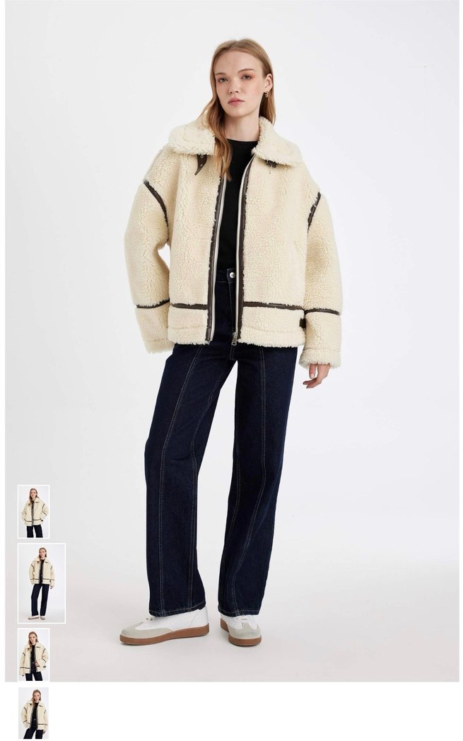 Bej Kürklü Rahat Kesim Kadın Ceket - Görsel 5