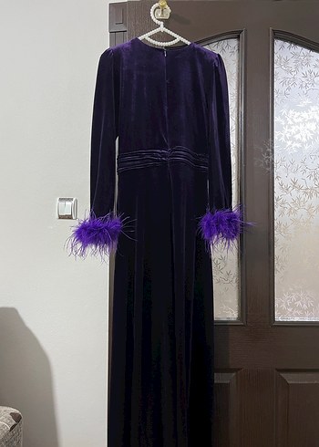 Mor Kadife Uzun Kollu Kadın Abiye Elbise - Görsel 2