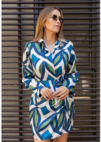 Mavi Desenli Saten Elbise - Görsel 2