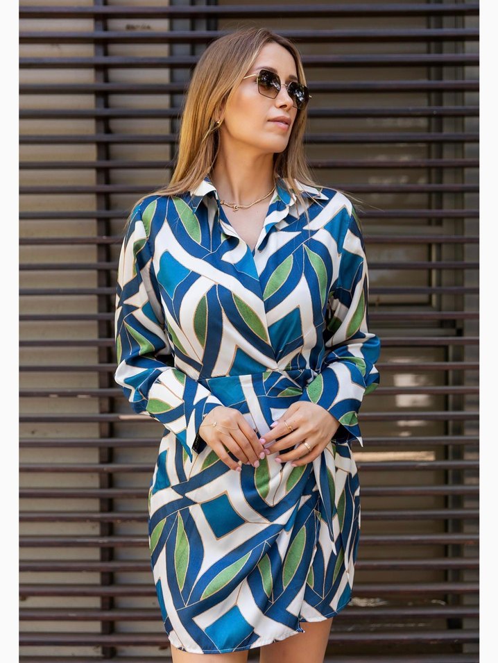 Mavi Desenli Saten Elbise - Görsel 2