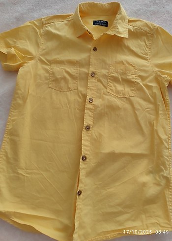 Sarı Kısa Kollu Erkek Keten Gömlek - Görsel 5