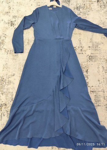 Mavi Uzun Kollu Pilili Kadın Elbise - Görsel 5