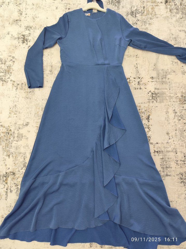 Mavi Uzun Kollu Pilili Kadın Elbise - Görsel 5