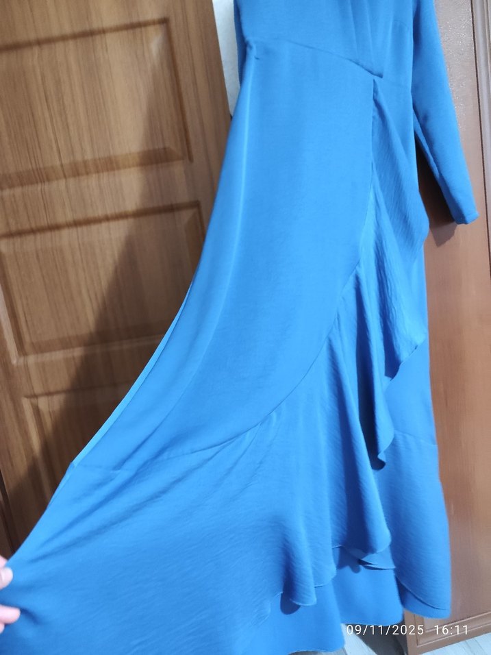 Mavi Uzun Kollu Pilili Kadın Elbise - Görsel 2