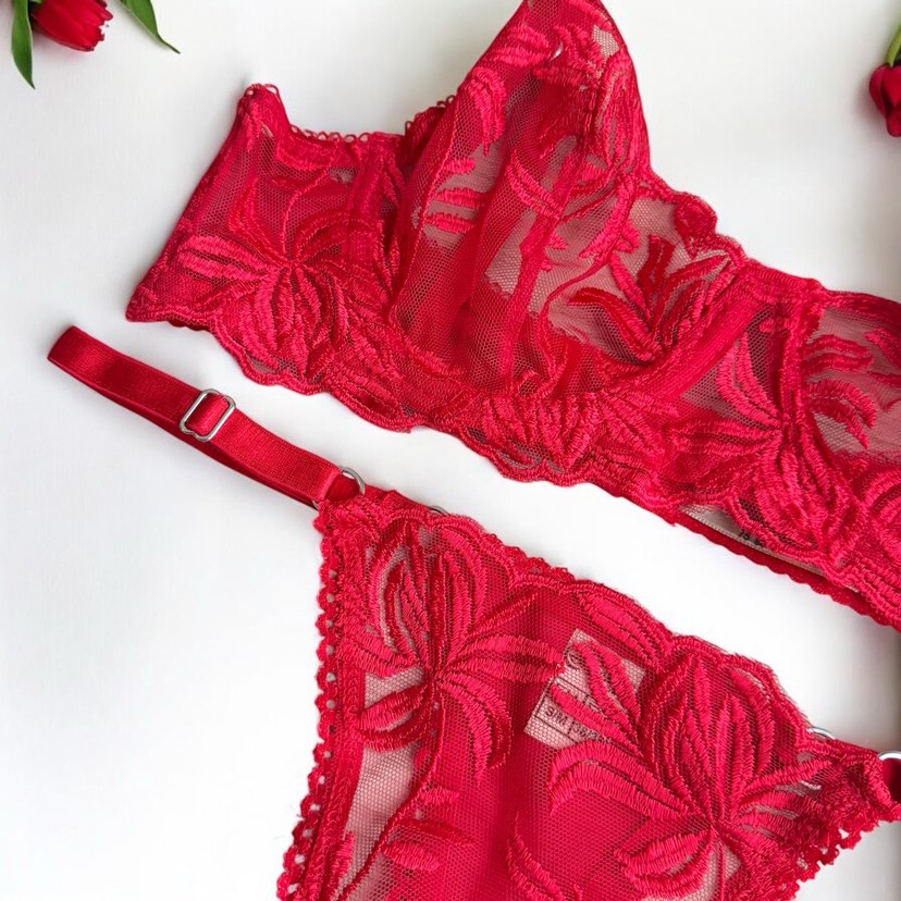 Nakışlı Kırmızı Sütyen Takımı - Görsel 4