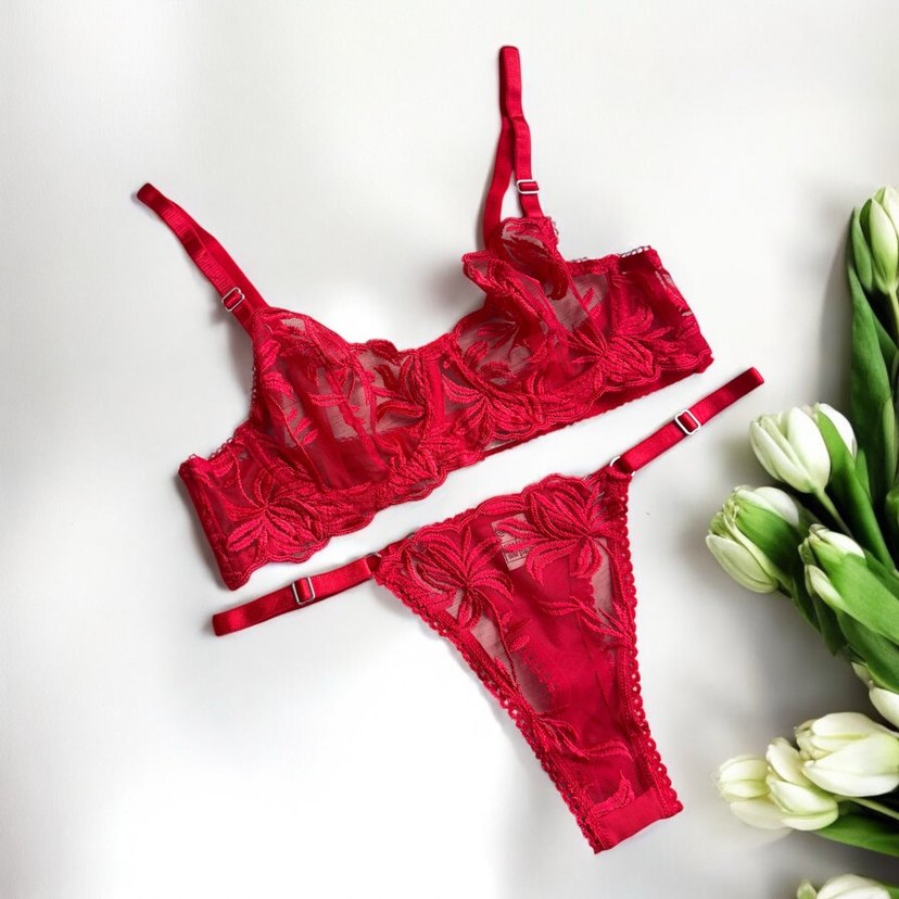 Nakışlı Kırmızı Sütyen Takımı - Görsel 2