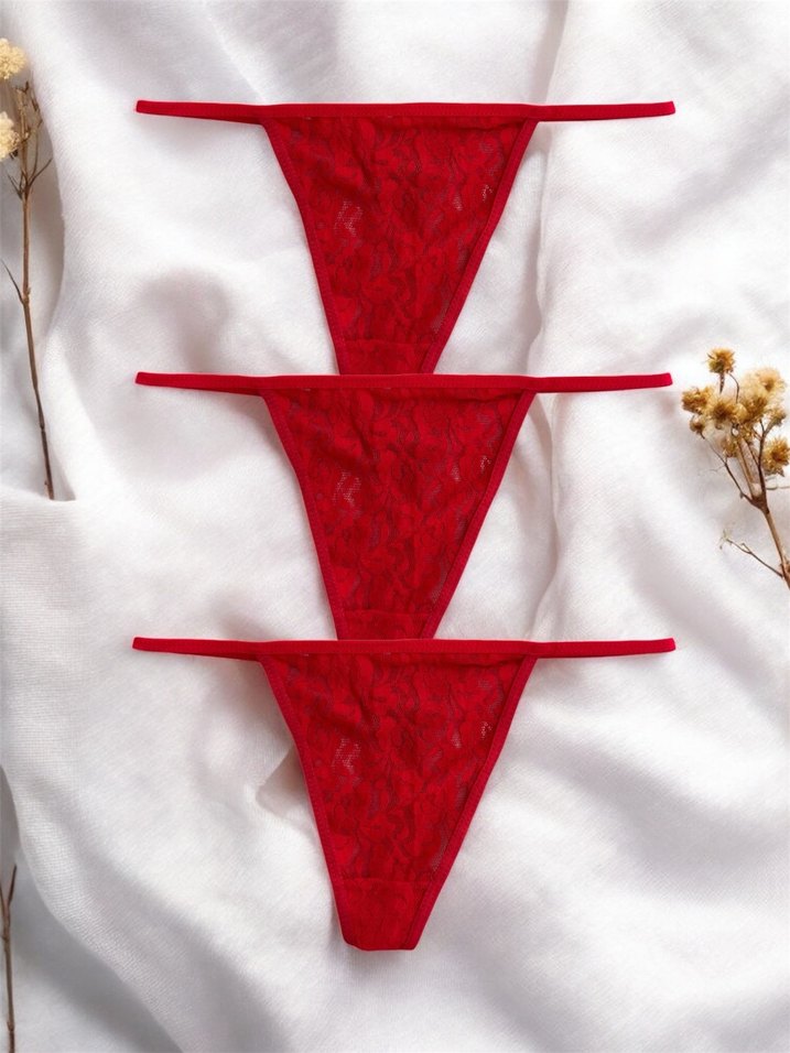 Nakışlı Kırmızı Kadın Tanga 15Li Set - Görsel 3