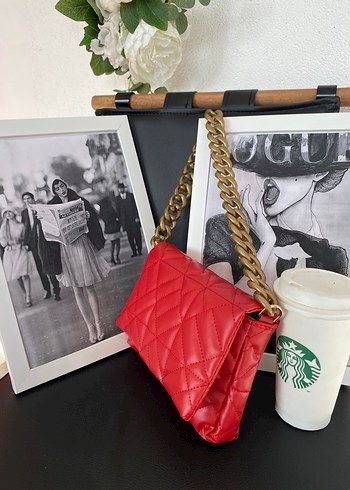 Zincir Detaylı Kırmızı Deri Kadın Çanta - Görsel 6