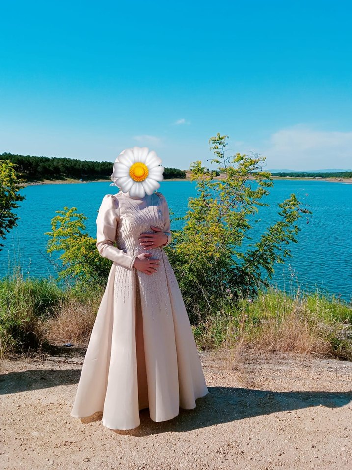 Bohem Yüksek Yakalı Beyaz Uzun Abiye - Görsel 2