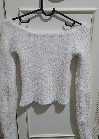 Beyaz Triko Kayık Yaka Kadın Kazak - Görsel 2
