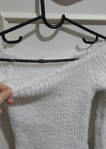 Beyaz Triko Kayık Yaka Kadın Kazak - Görsel 4