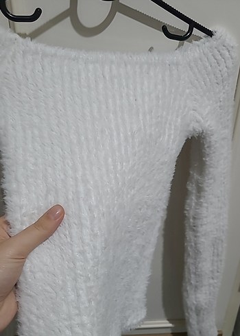 Beyaz Triko Kayık Yaka Kadın Kazak - Görsel 3