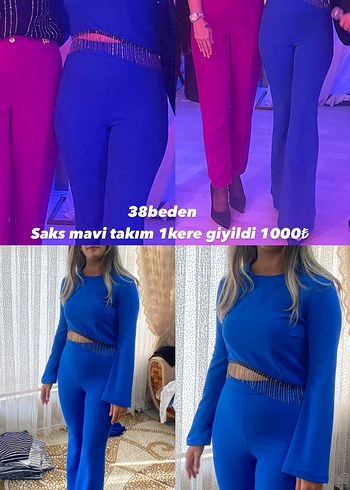 Işıltılı Saks Mavi Kadın Pantolon üst takım