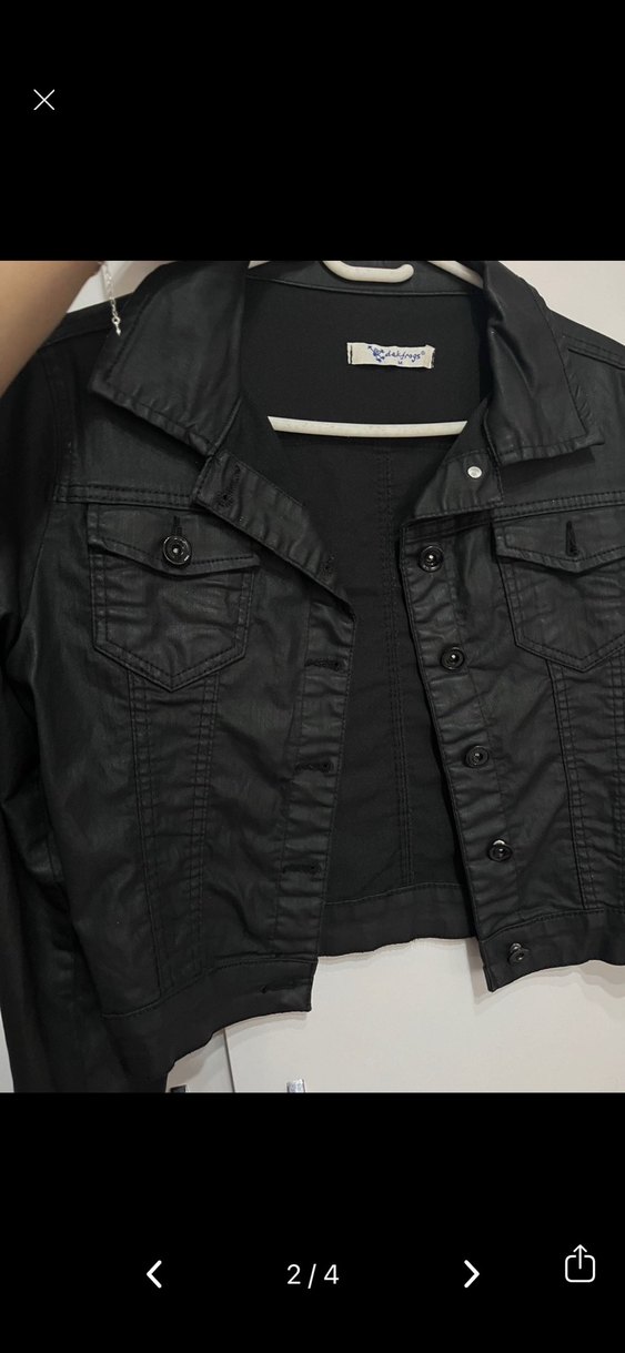 Deri görünümlü kısa siyah kot ceket - Görsel 2