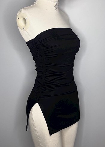 Straplez yırtmaçlı ip detaylı mini elbise - Görsel 3