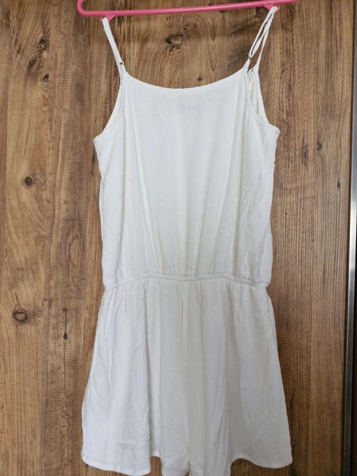 Beyaz V Yaka Kolsuz Mini Kadın Tulum - Görsel 2