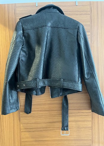 Kadın Siyah Deri Yılan Desenli Biker Ceket - Görsel 2